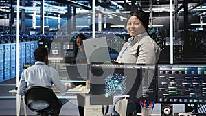 Portrait of joyous server hub technician using AI visualization insights