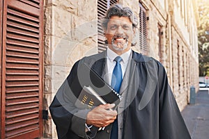 Portrait, judge or lawyer in city with legal books, constitution or research on policy, rules or knowledge on justice in