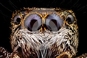 Portrait of a jumping spider magnified 10 times