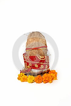 Portrait of kalash with coconut and chunni with floral decoration for navratri pooja