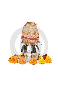 Portrait of kalash and coconut with floral decoration for navratri pooja