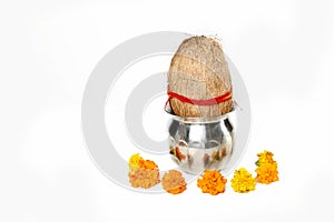 Portrait of kalash with coconut and marigold flower for navratri festival