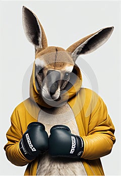 Portrait of a kangaroo in a tracksuit and boxing gloves. AI generated.