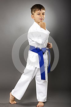 Portrait of a karate kid in kimono ready to fight