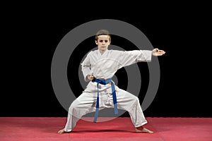 Portrait of a karate kid in kimono ready to fight isolated on black background