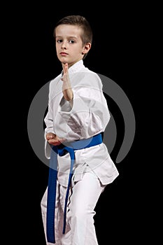 Portrait of a karate kid in kimono ready to fight isolated on black background