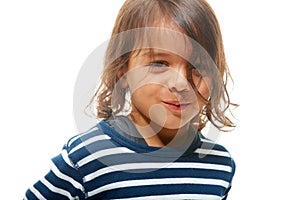 Portrait, kids and mockup with a boy child in studio isolated on a white background for marketing. Children, happy and