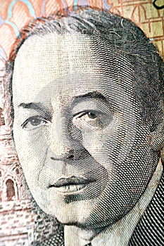 A portrait of King Hassan II the second the King of Moroccofrom the obverse side of 100 one hundred Moroccan Dirhams banknote