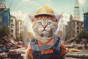 Portrait of a kitten builder in a hard hat with a background of a building under construction