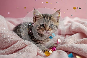 portrait of kitten on top of a soft pink blanket under a shower of sparkling colorful confetti