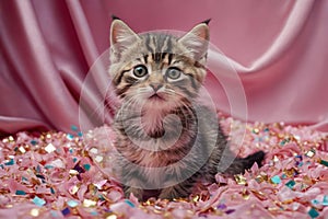 portrait of kitten on top of a soft pink blanket under a shower of sparkling colorful confetti