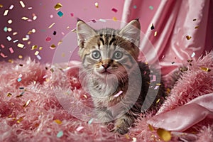 portrait of kitten on top of a soft pink blanket under a shower of sparkling colorful confetti
