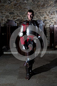 Portrait of Knight in Armor Standing in Old Monastery