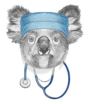 Portrait of Koala with doctor cap and stethoscope. Hand-drawn illustration.