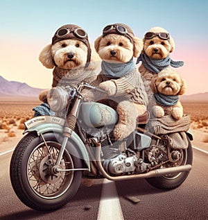 portrait labradoodle dogs gang riding hot rod steampunk motorcycles wearing ponchos in desert road