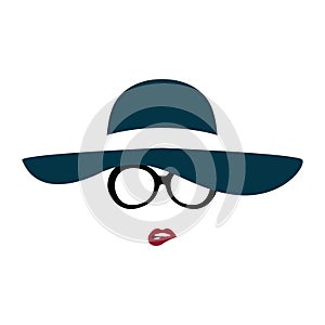 Portrait of lady in graceful hat and glasses bites her lip.