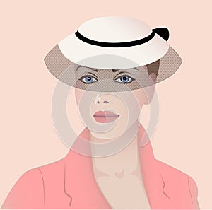 Portrait lady hat with veil pink background