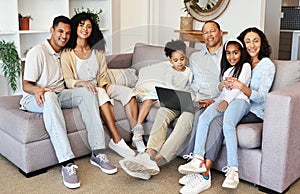 Portrait, laptop and a black family in the living room of a home together, sitting on a sofa. Love, internet or bonding