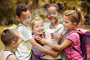 Portrait of large group of children.