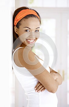 Portrait of laughing ethnic woman