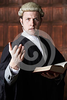 Portrait Of Lawyer Holding Brief And Book Making Speech