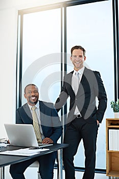 Portrait, lawyers or happy business people on laptop at law firm for consulting, legal advice or networking
