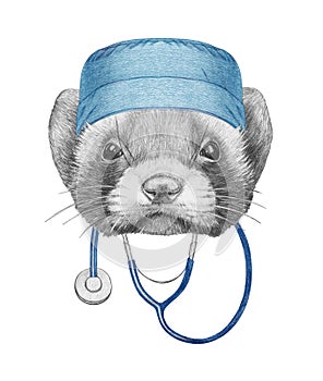 Portrait of Least Weasel with doctor cap and stethoscope. Hand-drawn illustration.