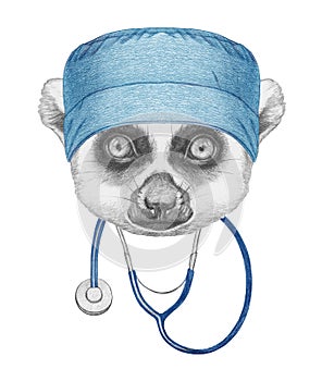 Portrait of Lemur, with doctor cap and stethoscope. Hand-drawn illustration.