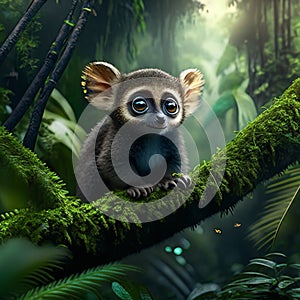 Portrait of a lemur sitting on a branch in the jungle AI generated