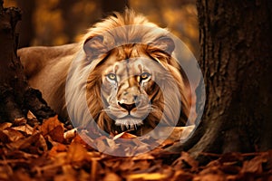 Portrait of Leo Lion hiding or lurking in the forest hunting for preys, animals wildlife concept, Animal in the jungle, dangerous