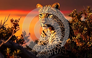 Portrait of a leopard lying on a tree branch at sunset