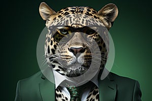 Leopard with sunglasses wearing suit and tie on solid green background. Generative AI photo