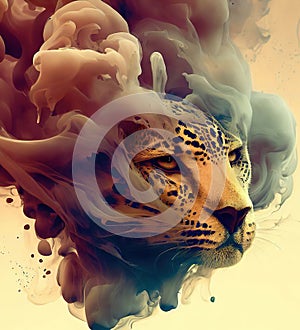 portrait of a leopard surrounded by smokes. Generative AI