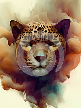 portrait of a leopard surrounded by smokes. Generative AI