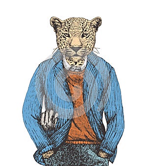 Portrait of Leopard in sweater and jacket, hand-drawn illustration, vector