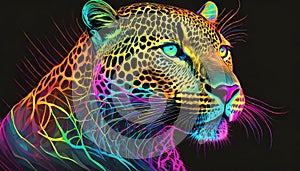 Portrait of leopard in ultra-bright neon style, rainbow lines. Wild animal. Abstract graphic art photo