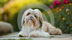 Portrait of Lhasa Apso dog facing the camera.