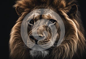Portrait lion on the black. Detail face lion. Hight quality portrait lion black background
