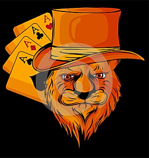 Portrait of lion in bowler hat and poker aces on black background