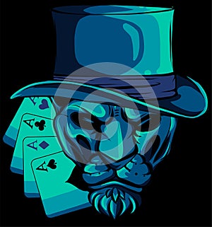 Portrait of lion in bowler hat and poker aces on black background. vector illustration design. digital hand draw