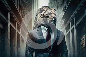 Portrait of a lion in a business suit walking along the city street, close-up. Generative ai