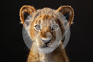 Portrait of a lion cub isolated on a black background