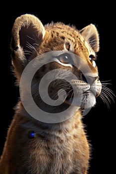 Portrait of a lion cub isolated on a black background