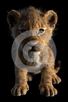 Portrait of a lion cub isolated on a black background