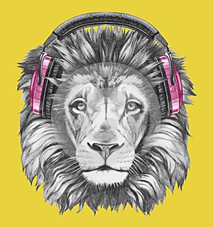 Portrait of Lion with headphones.