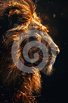 portrait of a lion's head on a black background. The illustration