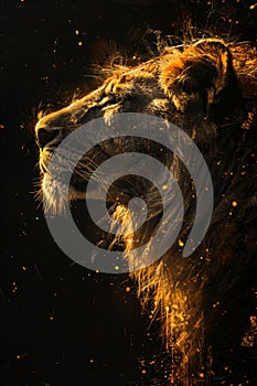 portrait of a lion's head on a black background. The illustration