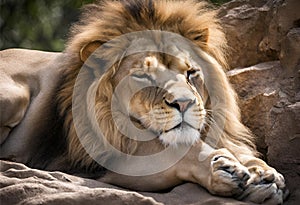 Portrait of a lion sleeping, A powerful lion rests peacefully