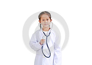 Portrait little asian kid girl with stethoscope while wearing doctor`s uniform isolated over white background