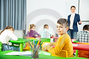 Portrait of little assiduous boy with pen and notebook at lesson in elementary school